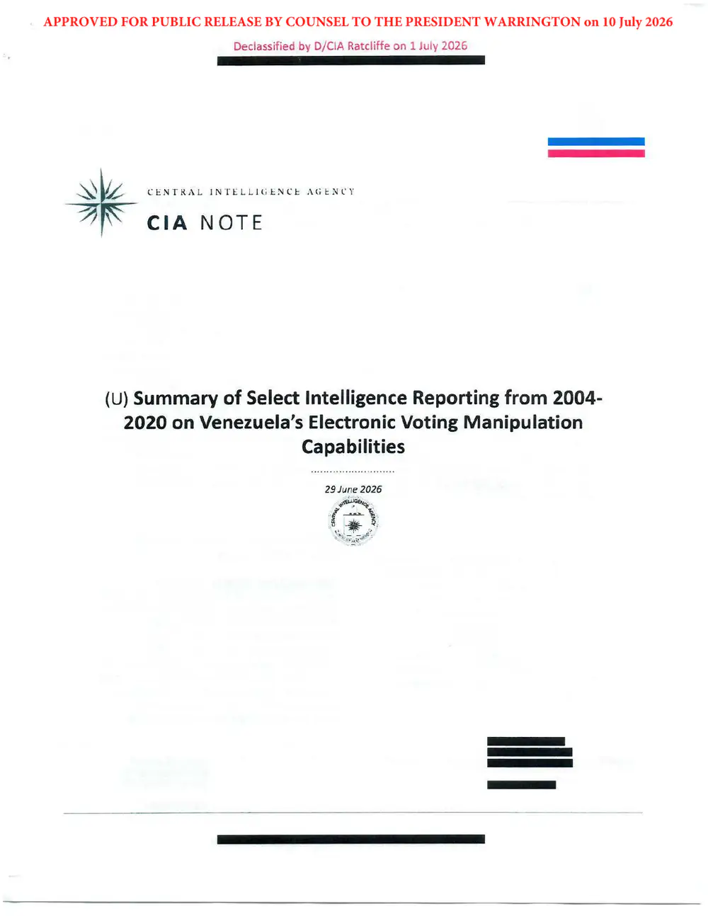 Exhibit 1, page 1 of 6: cover page of a CIA Note titled “Summary of Select Intelligence Reporting from 2004-2020 on Venezuela’s Electronic Voting Manipulation Capabilities,” dated 29 June 2026 and marked declassified and approved for public release.