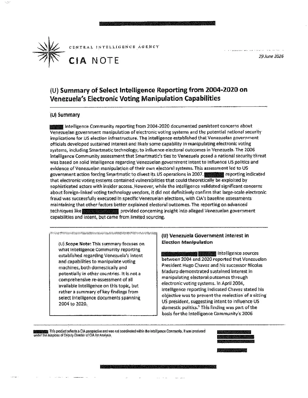 Exhibit 1, page 2 of 6: CIA Note summary reporting that 2004-2020 intelligence documented persistent concerns about Venezuelan government manipulation of electronic voting systems, including Smartmatic technology, followed by a scope note and a section on Venezuelan government interest in election manipulation.
