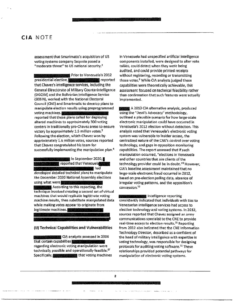 Exhibit 1, page 3 of 6: CIA Note describing plans to deploy preprogrammed voting machines in Venezuela’s 2012 election, a 2013 “Devil’s Advocacy” alternative analysis of how large-scale manipulation could occur undetected, and technical capabilities and vulnerabilities of electronic voting systems.