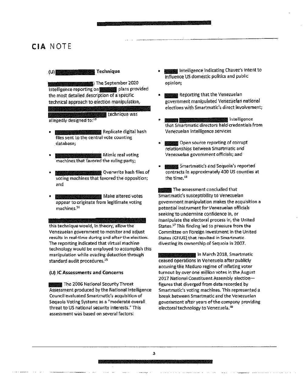 Exhibit 1, page 4 of 6: CIA Note listing a September 2020 election-manipulation technique that would replicate hash files, mimic voting machines favoring the ruling party, overwrite opposing machines’ hash files, and make altered votes appear to come from legitimate machines, plus IC assessments of Smartmatic and Sequoia Voting Systems.