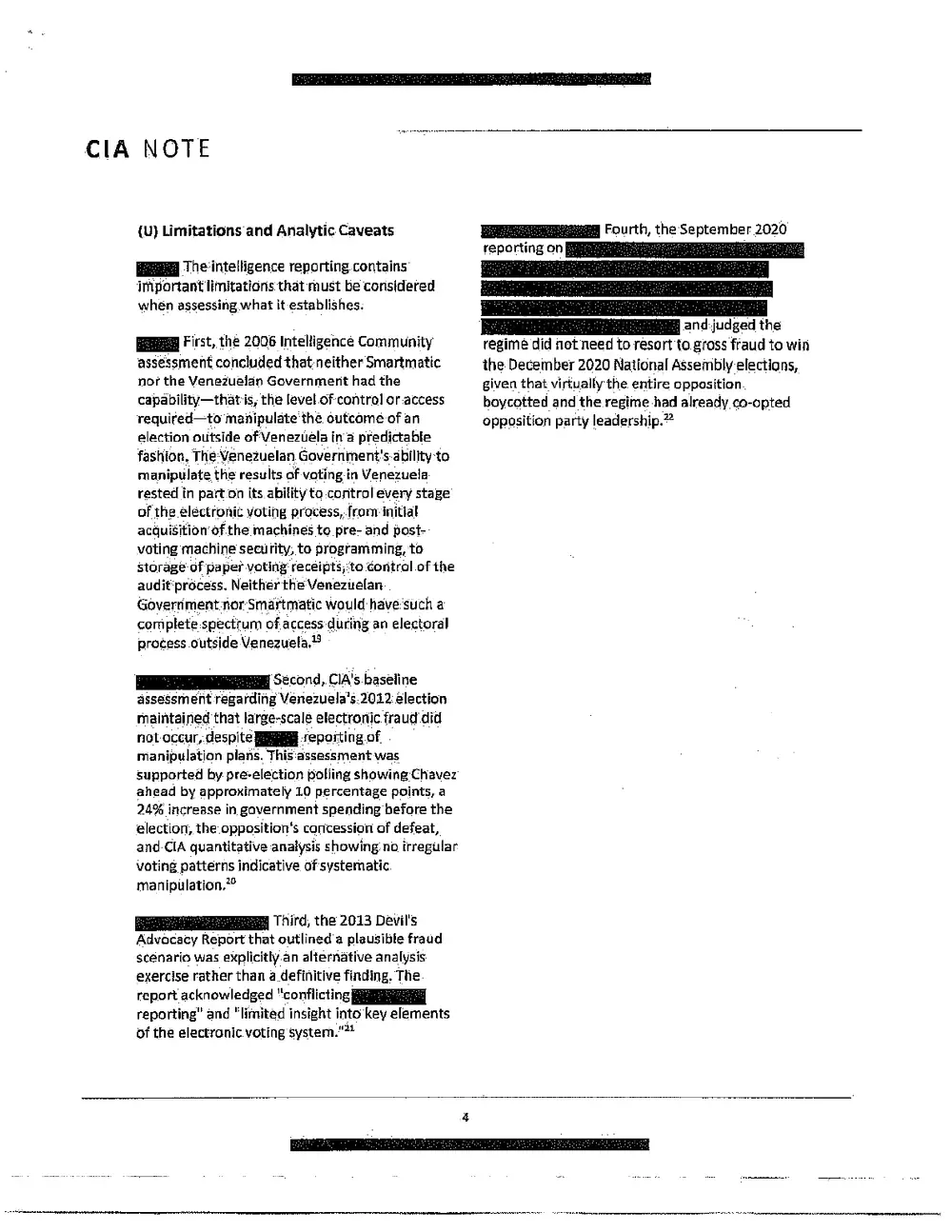 Exhibit 1, page 5 of 6: CIA Note limitations and analytic caveats noting that neither Smartmatic nor the Venezuelan government had the access needed to manipulate an election outside Venezuela, that CIA’s baseline assessment found no large-scale electronic fraud in Venezuela’s 2012 election, and that the 2013 Devil’s Advocacy report was an alternative analysis rather than a finding.