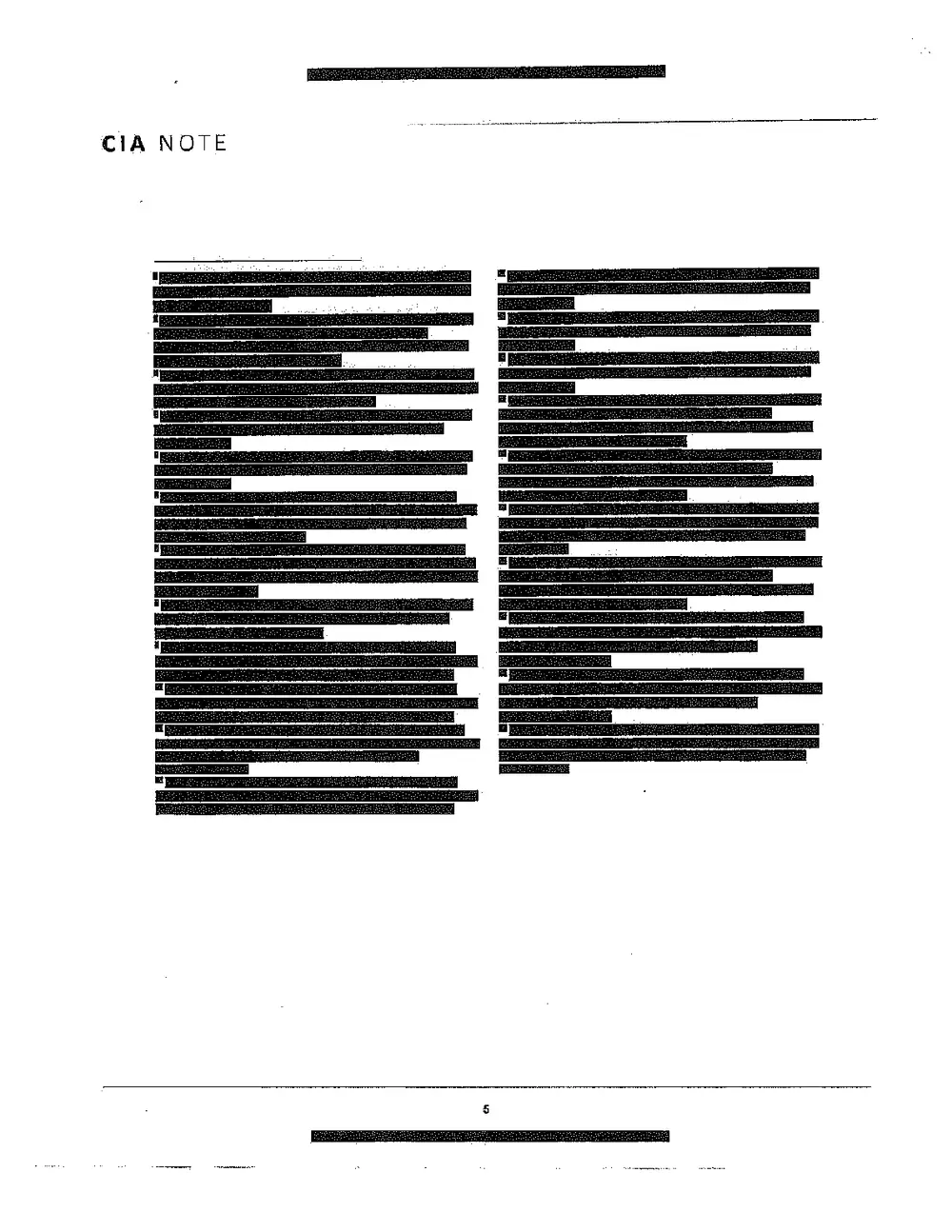 Exhibit 1, page 6 of 6: final CIA Note page occupied almost entirely by heavily redacted source-note lines, with the printed page number 5.