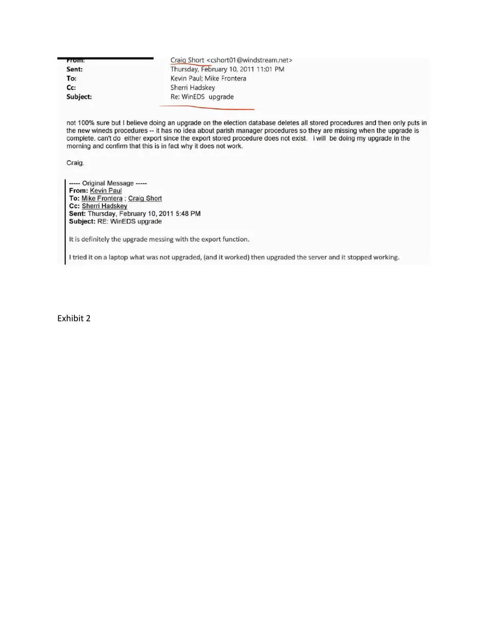 Exhibit 2: February 2011 email from Craig Short with the subject “Re: WinEDS upgrade,” warning that upgrading the election database deletes all stored procedures, above the original message from Kevin Paul reporting that the export function failed after a server upgrade.