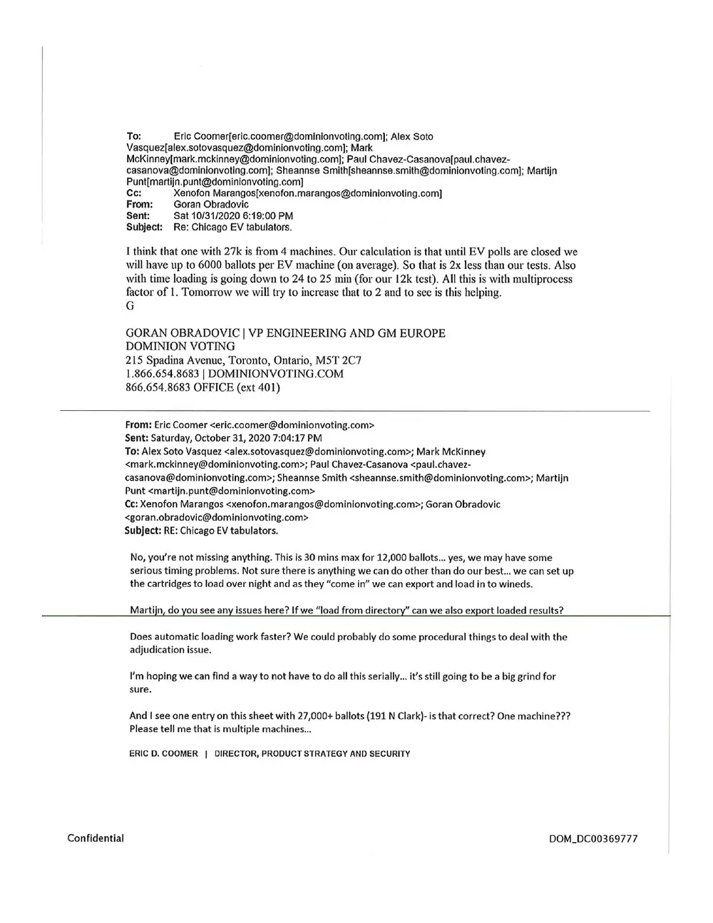 Exhibit 5, image 1 of 4: October 2020 Dominion Voting email chain “Re: Chicago EV tabulators” in which Goran Obradovic estimates up to 6,000 ballots per EV machine and Eric Coomer replies that 30 minutes is the maximum for 12,000 ballots.