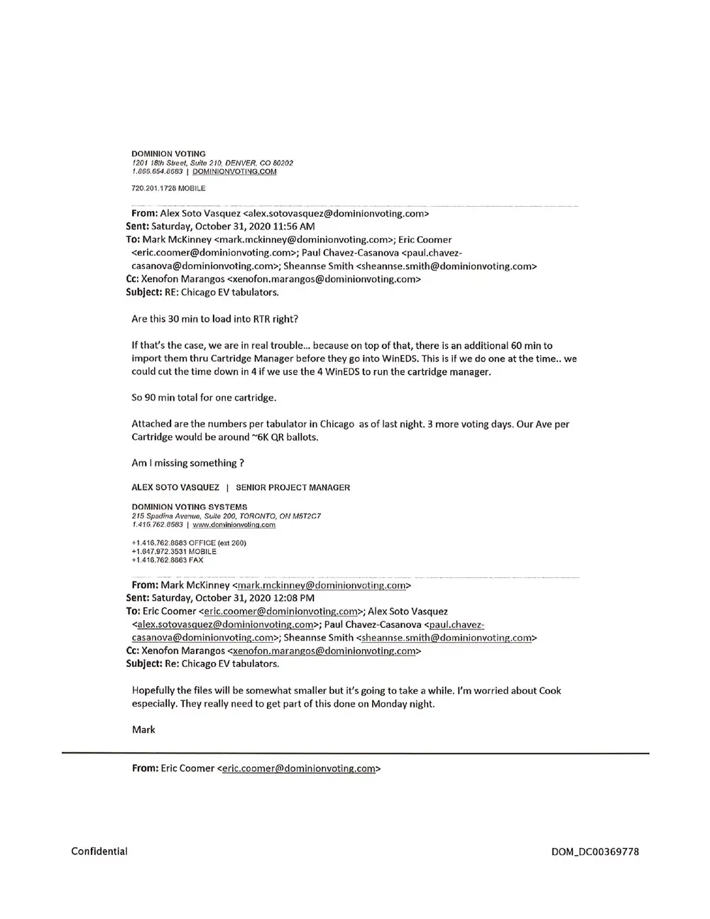 Exhibit 5, image 2 of 4: October 2020 Dominion Voting email from Alex Soto Vasquez describing 90 minutes total per cartridge, followed by Mark McKinney’s reply about file sizes and concern for Cook County.