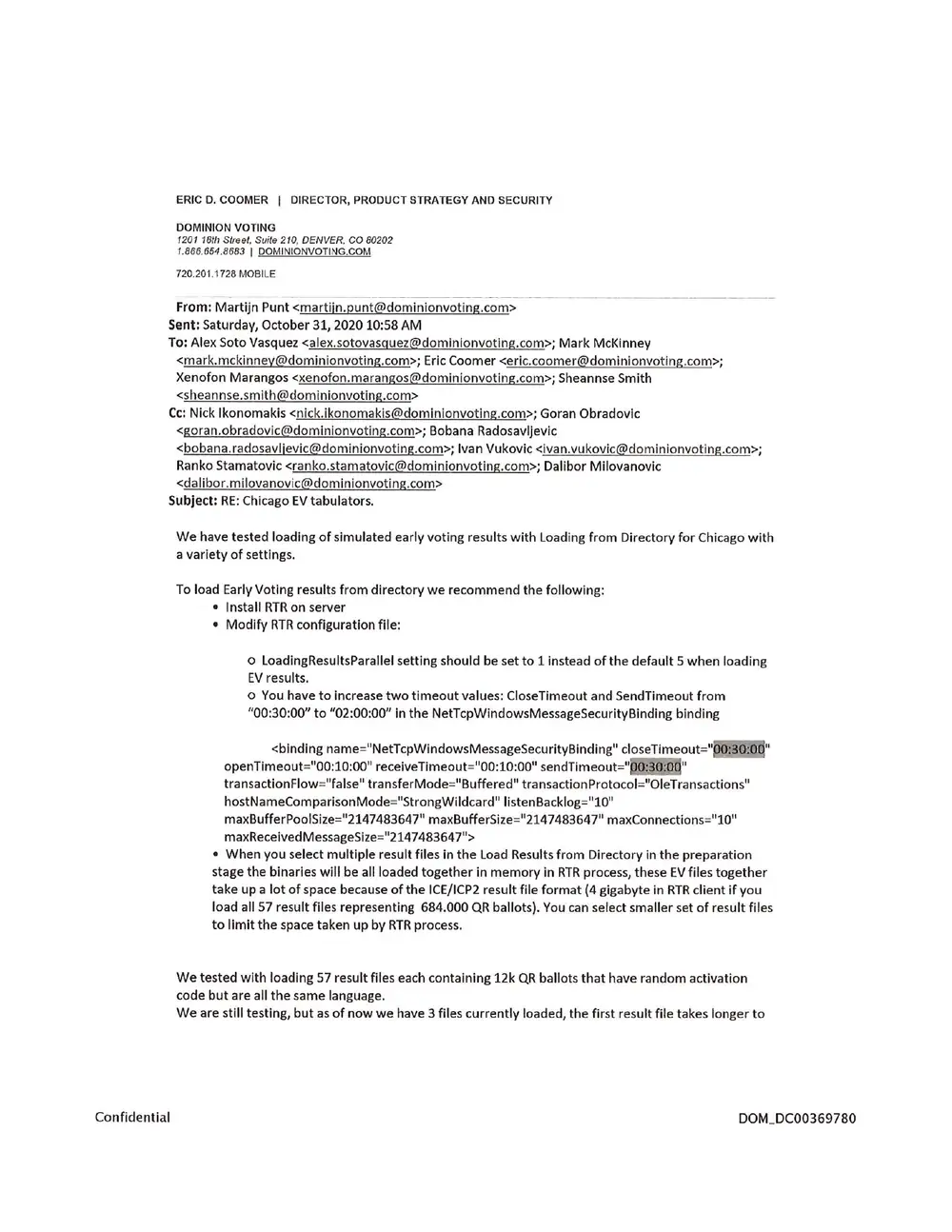 Exhibit 5, image 4 of 4: October 2020 Dominion Voting email from Martijn Punt recommending RTR configuration and timeout changes to load early-voting results from a directory, and reporting a test of 57 result files each holding 12,000 QR ballots.