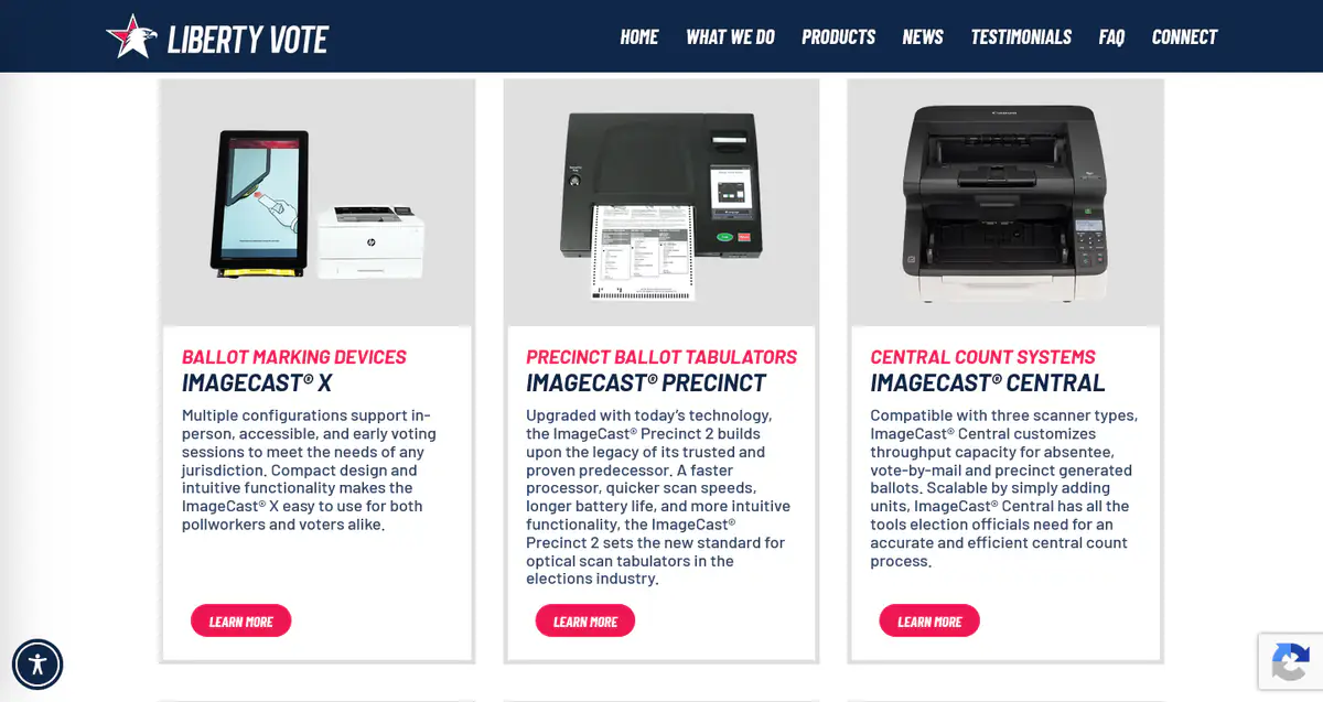 Exhibit 9: Liberty Vote product page presenting three categories of equipment — ballot marking devices (ImageCast X), precinct ballot tabulators (ImageCast Precinct), and central count systems (ImageCast Central).