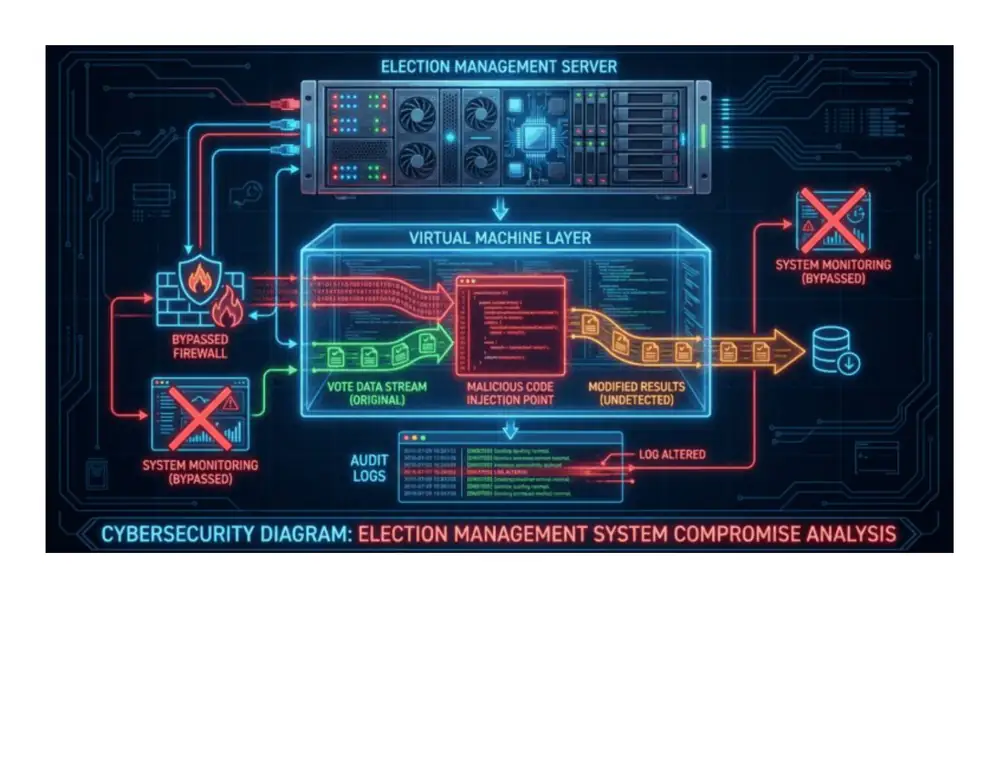 Cybersecurity diagram titled “Election Management System Compromise Analysis” showing a virtual machine layer inside an election management server that intercepts the vote data stream at a malicious-code injection point and forwards modified results while the firewall, system monitoring and audit log are bypassed or altered.